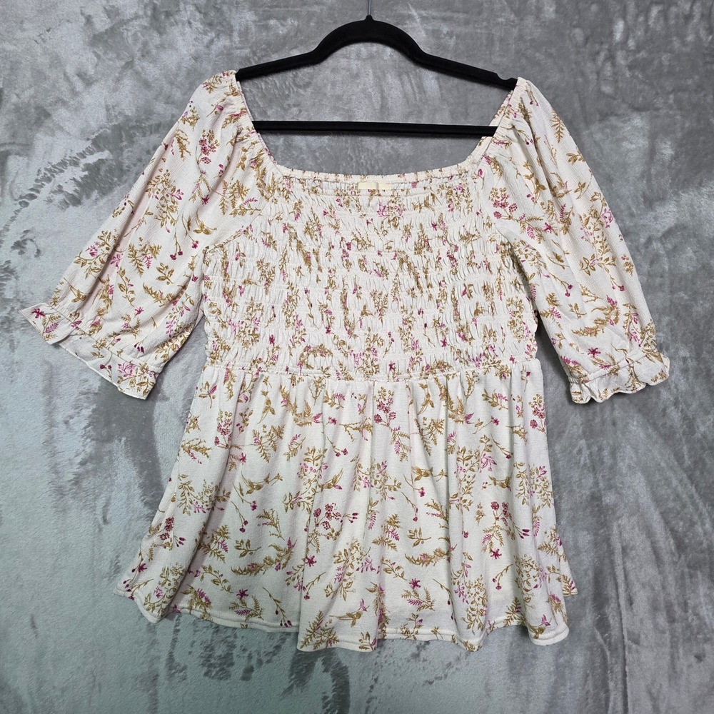 Melloday Floral Smocked Square Neck Peplum Top Cream Pink Large CET204733-TM